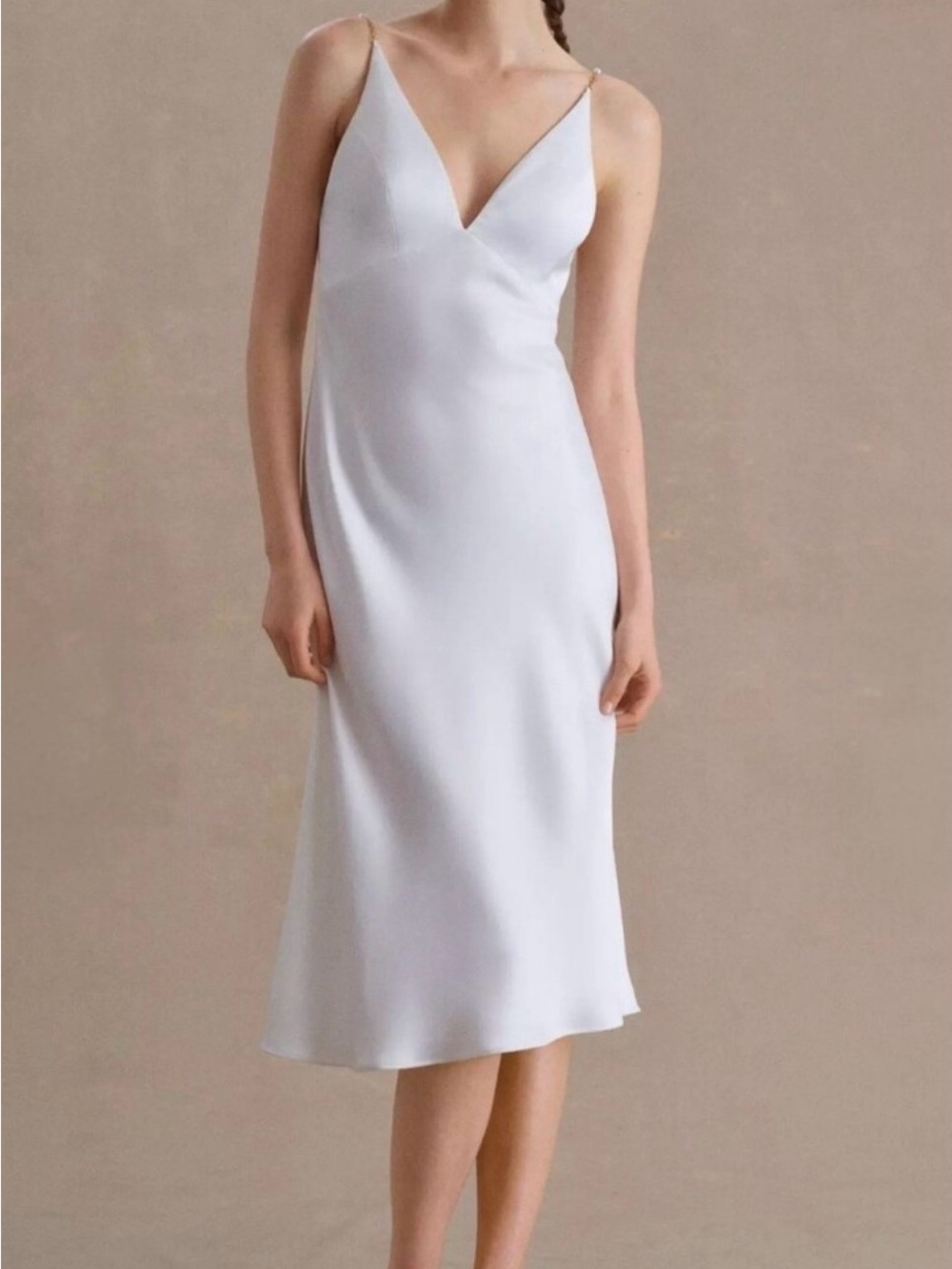 Jenny Yoo Ivory Satin V-Neck Slip Dress with Beaded Straps